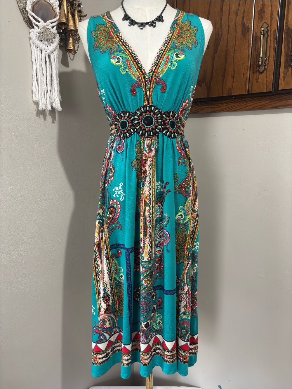 Ice Vintage Teal Paisley V-Neck Midi Dress Embellished beaded wrap Waist